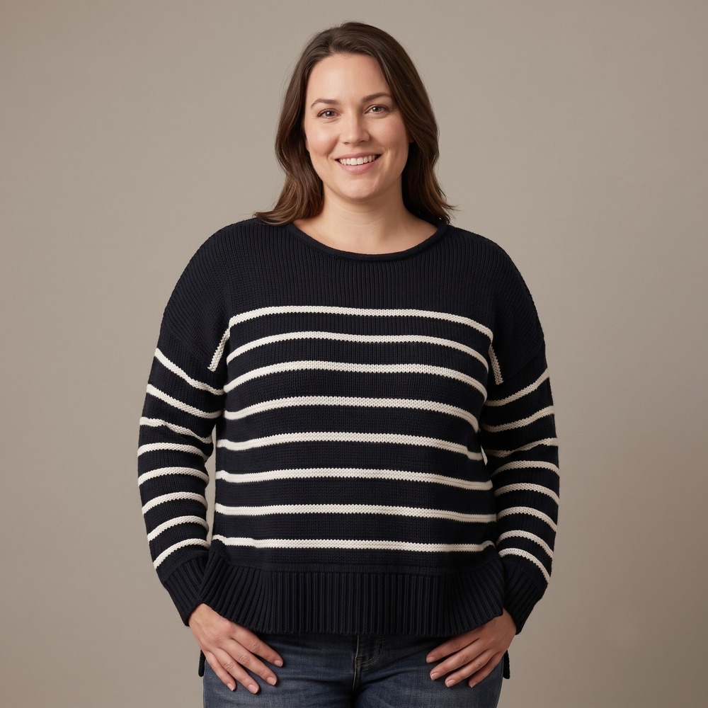 H&M Women XL Black White Striped Sweater Knit Nautical Pullover Long Sleeve
